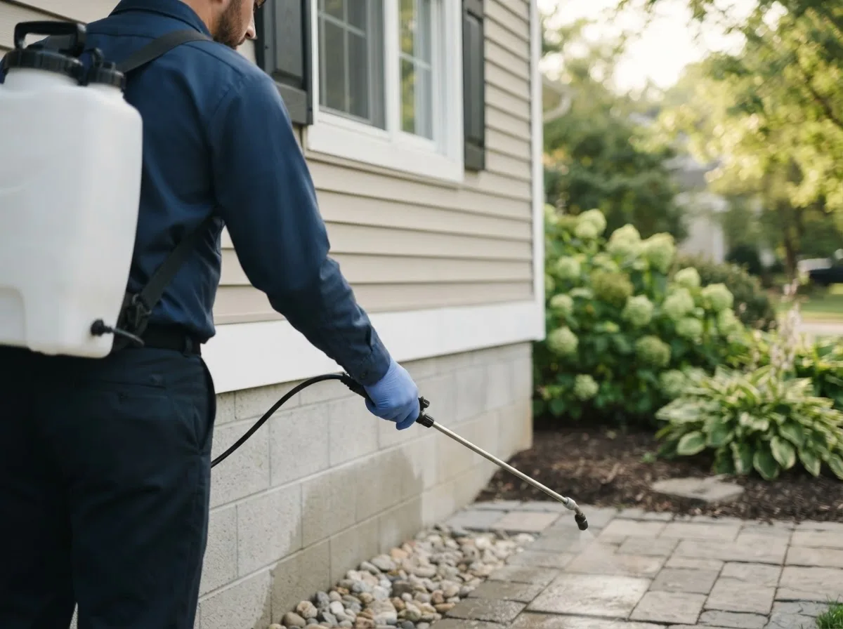 Pest control technician inspecting a home in Center, NE